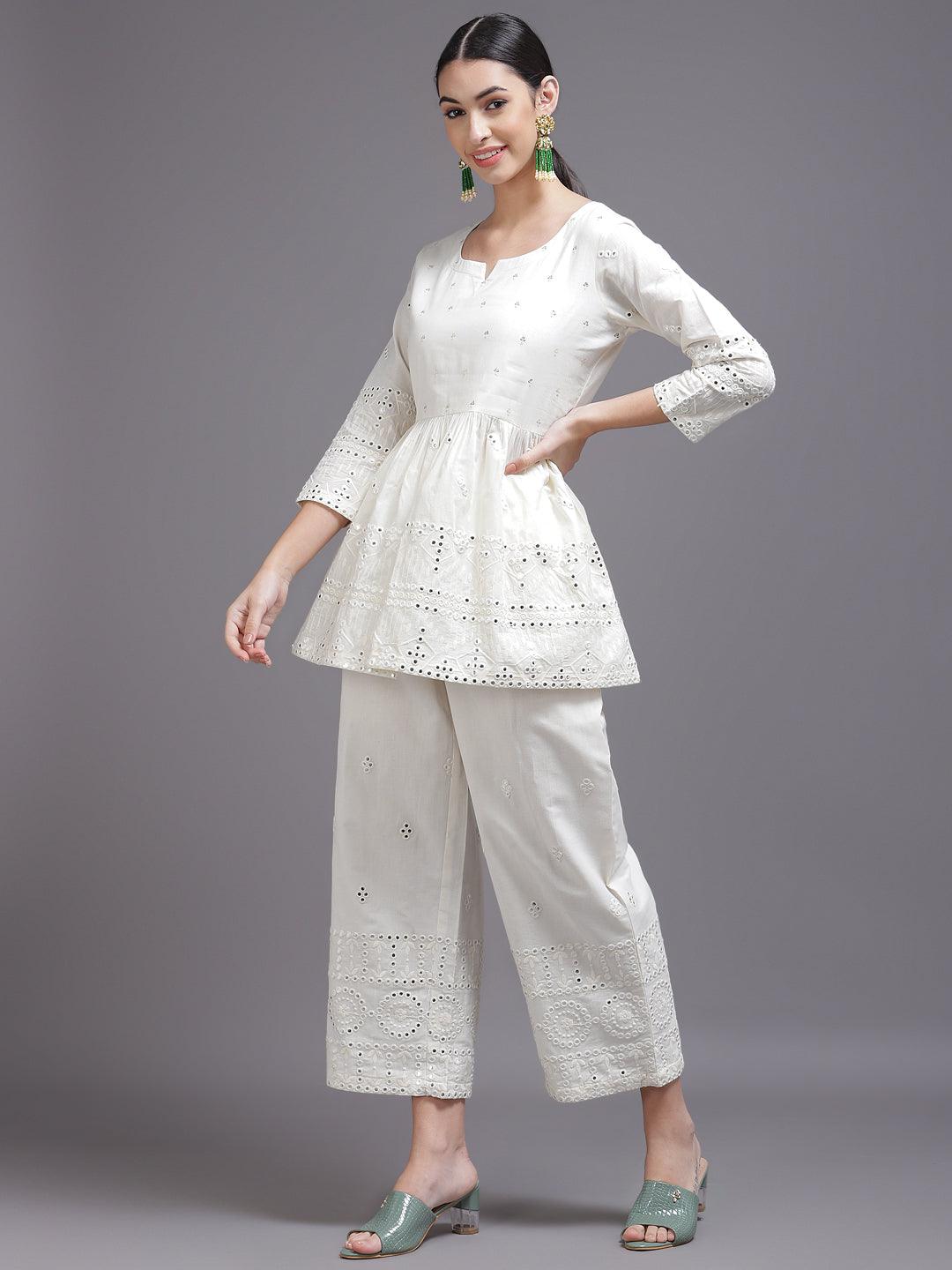 Buy Yaari White Cotton Cambric Full Mirror Work Kurti at Amazon.in